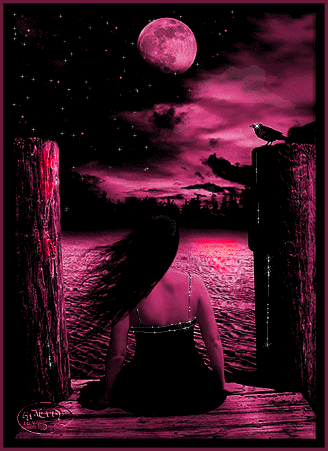 girl sitting on dock with moon